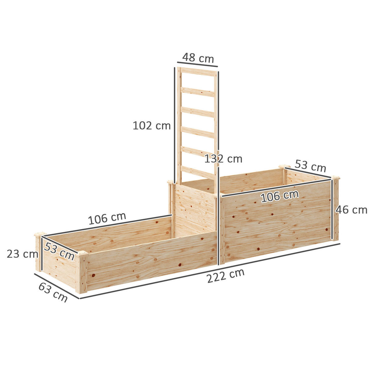HOCHBEET DE-12221 2 Fächer, offener Boden, 222/63/132 cm Natur - Naturfarben, Holz (222/132/63cm) - ComfortXL