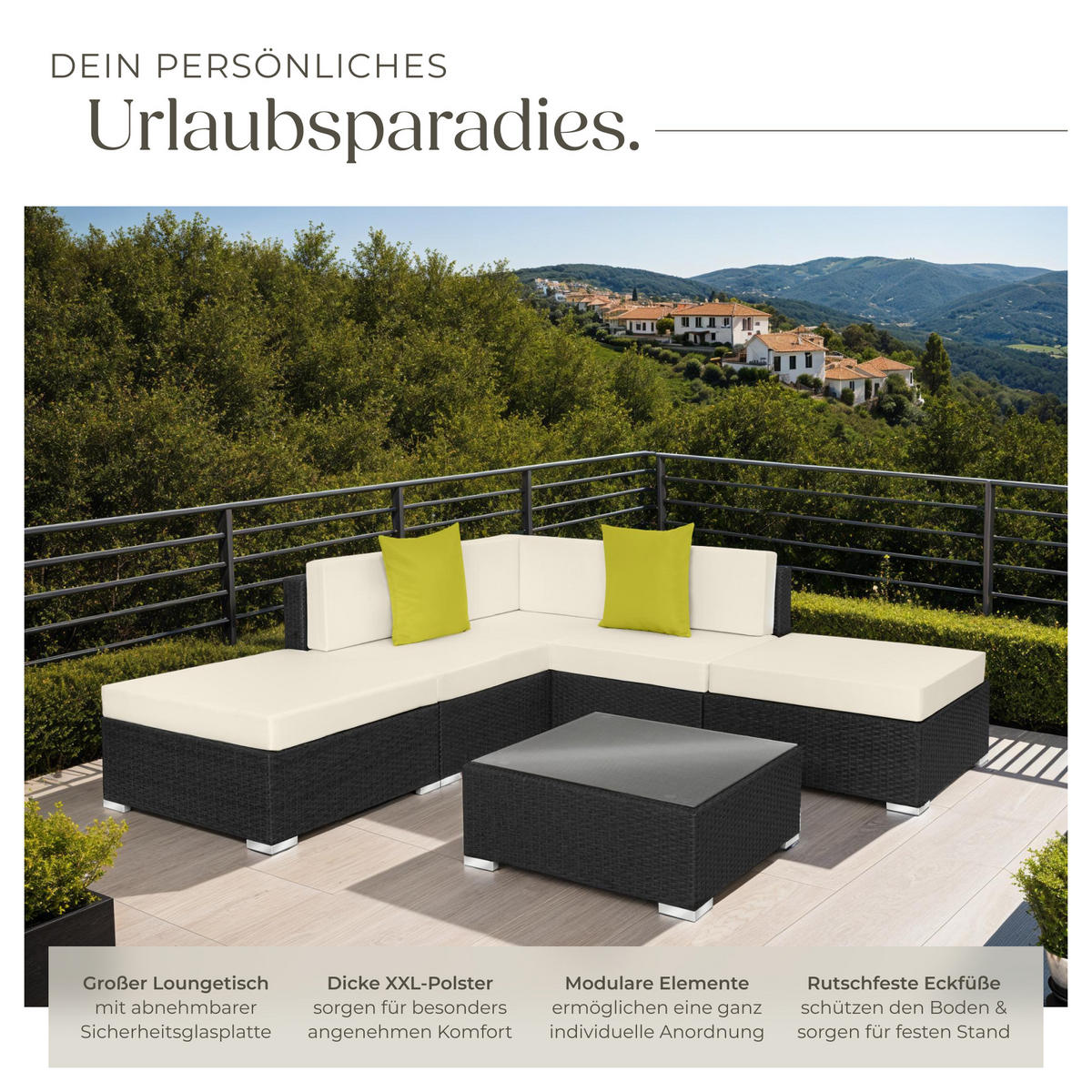 RATTANLOUNGE Paris,mit Sicherheitsglasplatte,schwarz - Schwarz, Kunststoff - tectake
