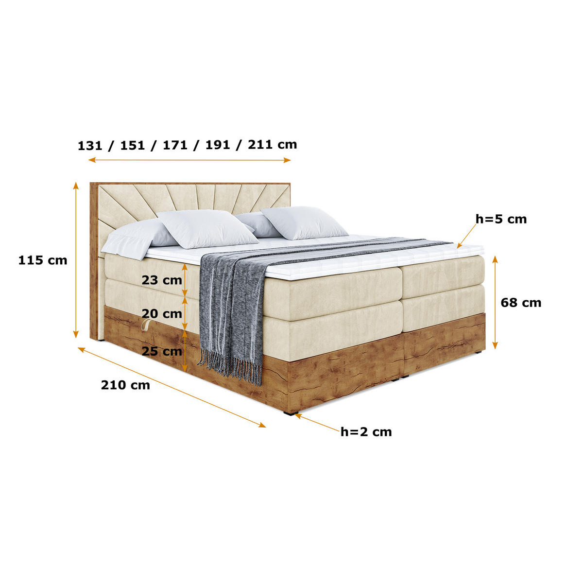 BOXSPRINGBETT mit Matratze H3|H4 und Lattenrost - LOLLI6 KING-160x200 - Beige Monolith - Beige, Holzwerkstoff (160/200cm) - ALTDECOR