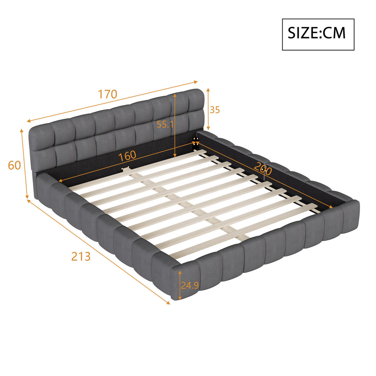 POLSTERBETT 160x200 cm Bubble Design Lattenrost Rückenlehne Leinen grau - Grau, Holz (160/200cm) - LEBENLANG