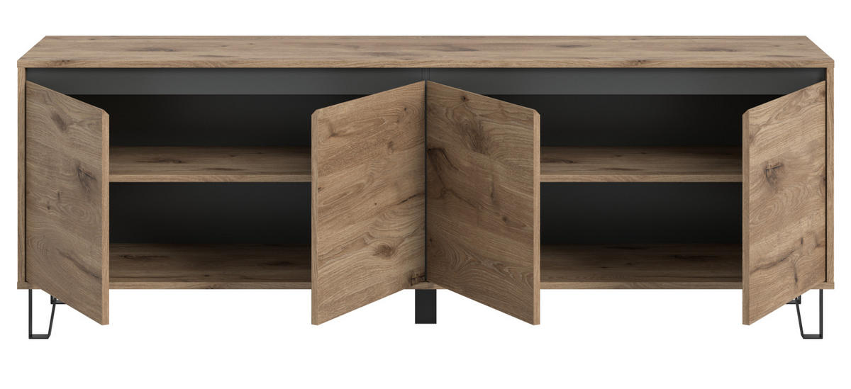 TV-LOWBOARD Eiche Viking 184 cm, Flat-TV Unterschrank mit Komforthöhe und Soft-Close - Eichefarben/Schwarz, Holz/Holzwerkstoff (184/64/40cm) - Inn.Furn