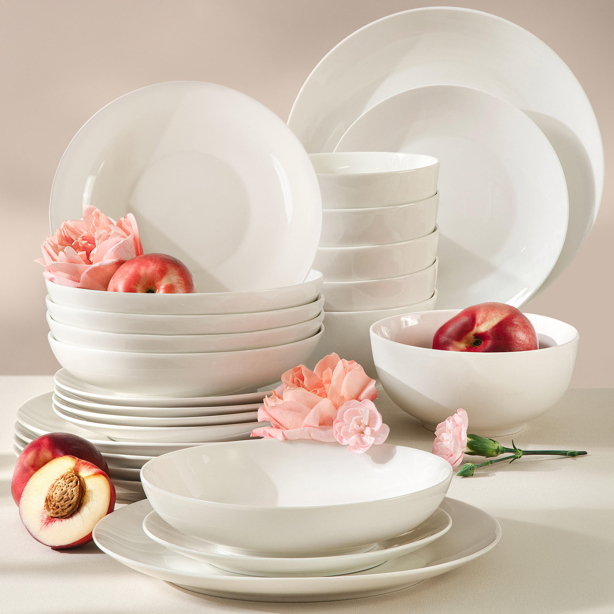 TAFELSERVICE 6 Personen AD BELLA 24-tlg,Porzellan, ecru - Ecru, Keramik (26/2/26cm) - KONSIMO®