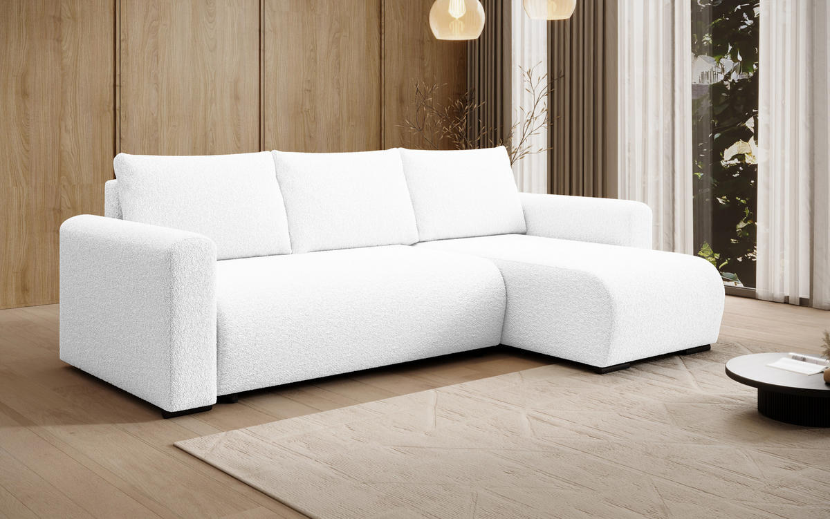 ECKSOFA DORA L, Eckcouch in L-Form mit Schlaffunktion und Bettkasten, Farbe: Weiß, Bouclé-Stoff, Ottomane Rechts - Weiß, Textil (240/143cm) - Storez24