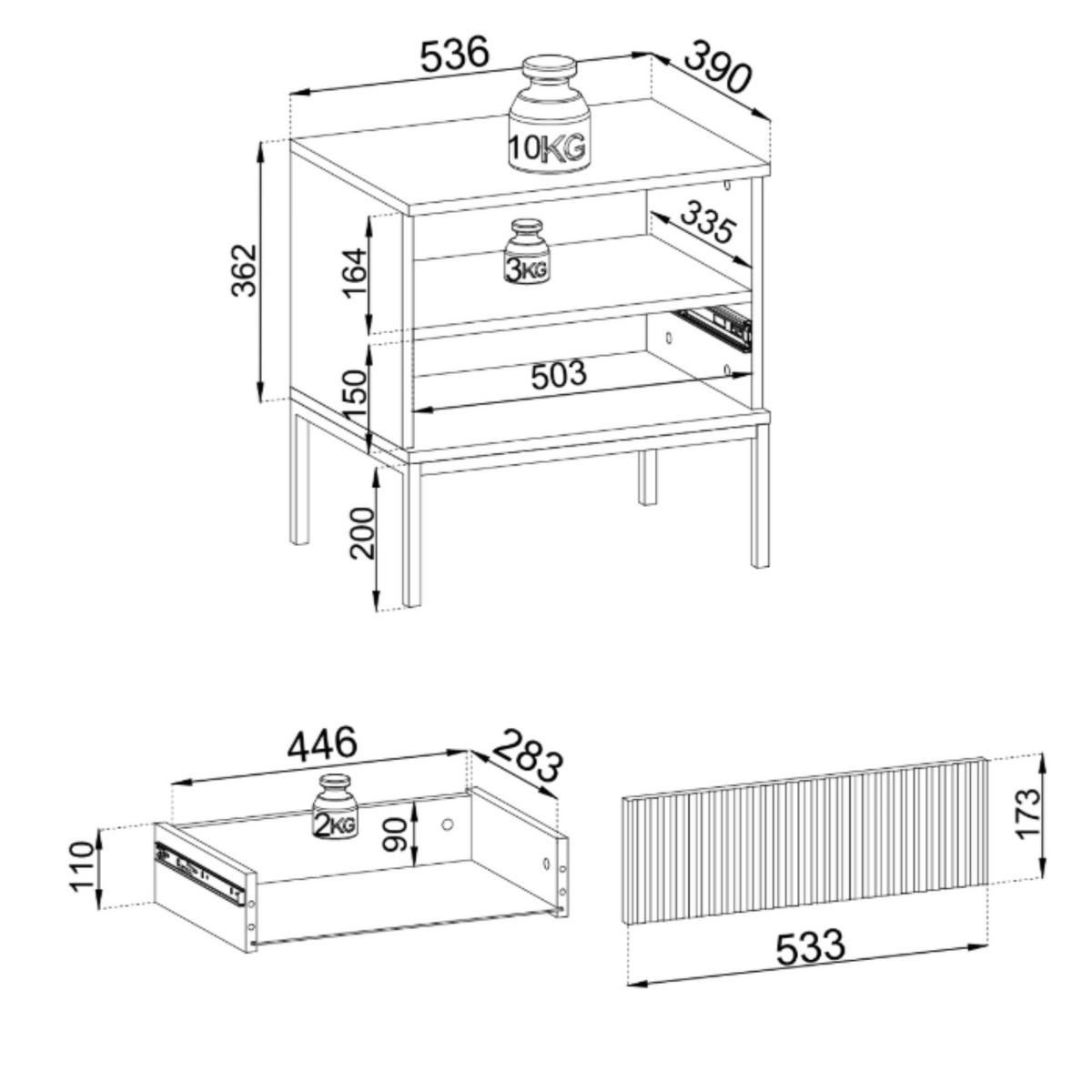 MODERNER Geriffelter Nachttisch LAGOS SN1SZ (Kaschmir Matt, LED, Champagner Gestell, Push to Open) - Kaschmir/Champagner, Holz/Holzwerkstoff (54/56/39cm) - Ravio