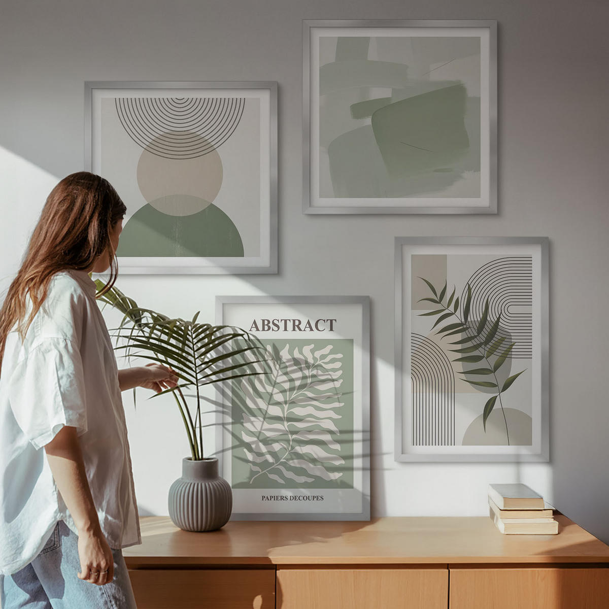 WANDBILDER 4er Set - 50x50 cm & 40x60 cm Silberner Rahmen - Botanische Boho-Abstraktionen - Silberfarben, Kunststoff (50/50cm) - ArtPrintCave