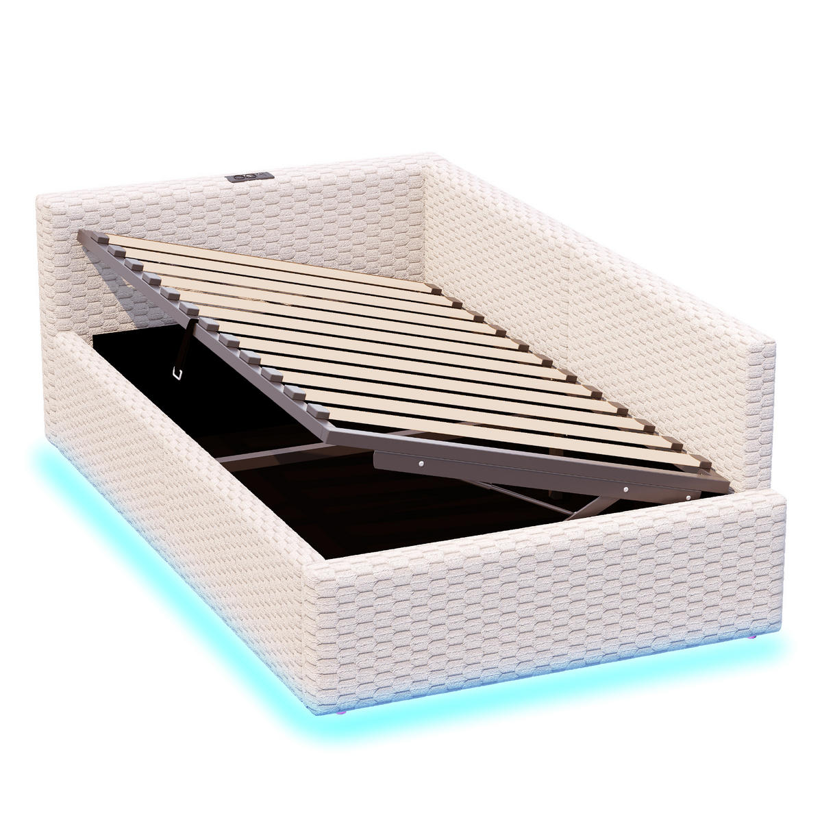 STAURRAUMBETT 90/200 cm DE-02148, in Beige, mit LED, USB-C und Hydraulik - Beige, Holzwerkstoff (90/200cm) - ComfortXL