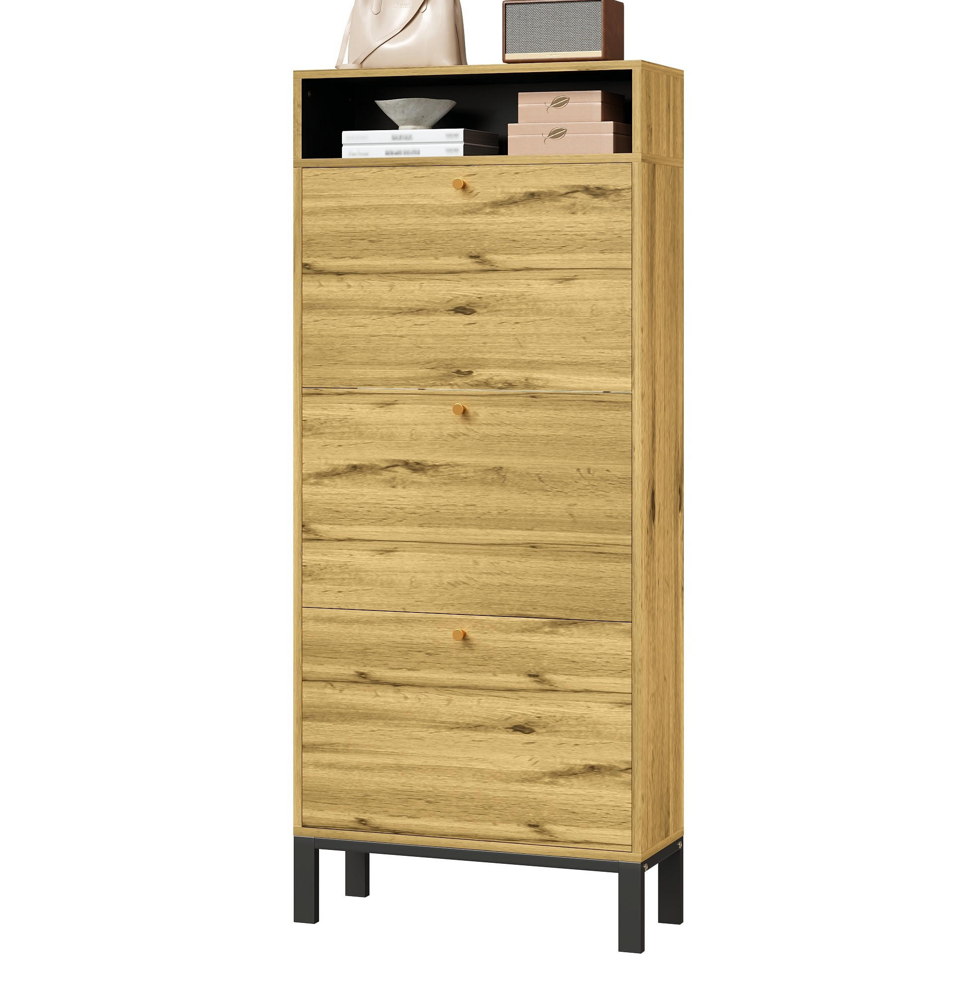 SCHUHSCHRANK 63/24/147 cm in Natur mit 3 Klappen und offenen Fächern - Naturfarben, Holzwerkstoff (63/147/24cm) - Flora Grace