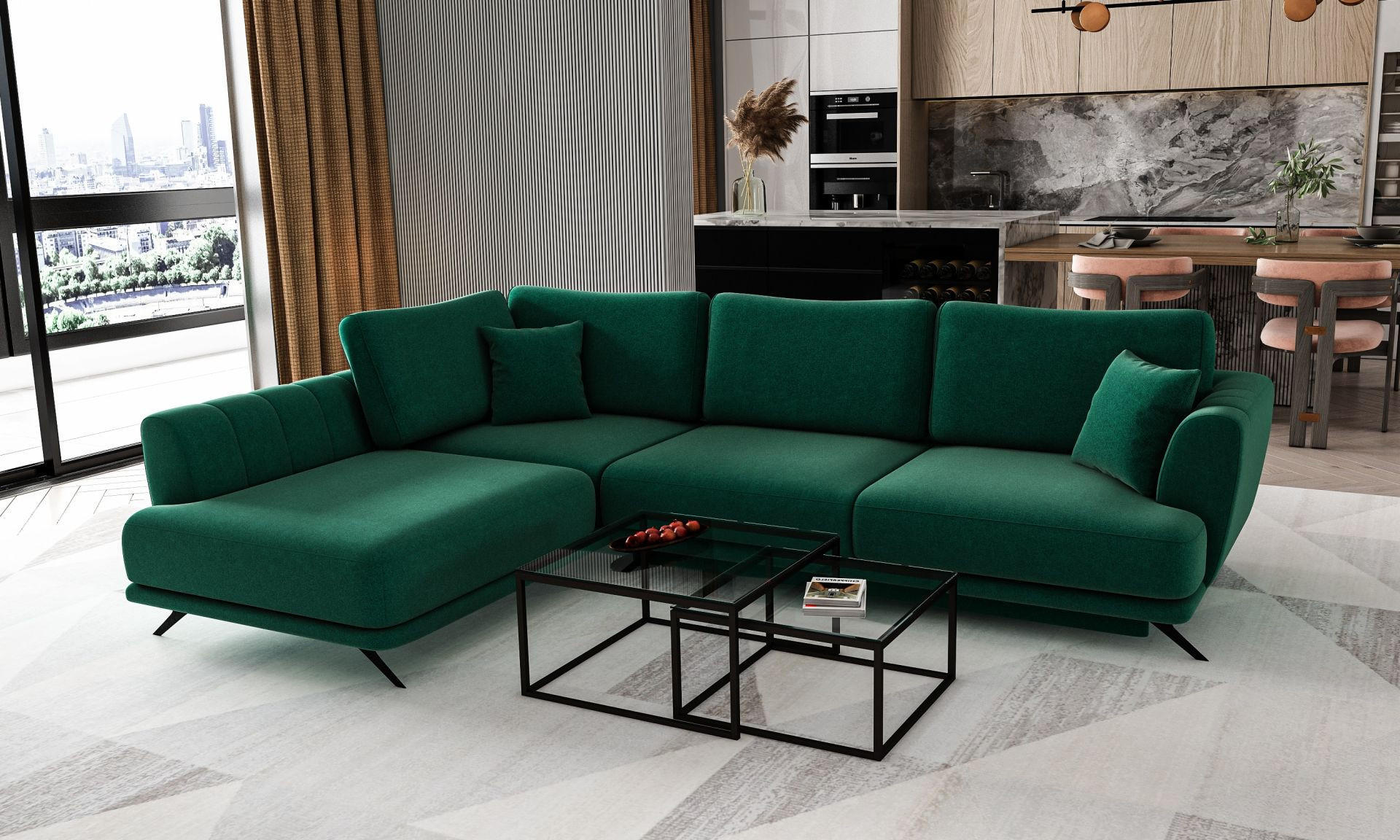ECKSOFA mit Schlaffunktion und Bettkasten, Lukso-Stoff - Dunkelgrün/Schwarz, Textil/Metall (276/191cm) - Eltap
