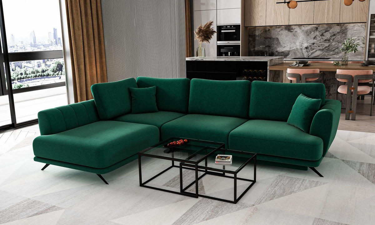 ECKSOFA mit Schlaffunktion und Bettkasten, Lukso-Stoff - Dunkelgrün/Schwarz, Textil/Metall (276/191cm) - Eltap