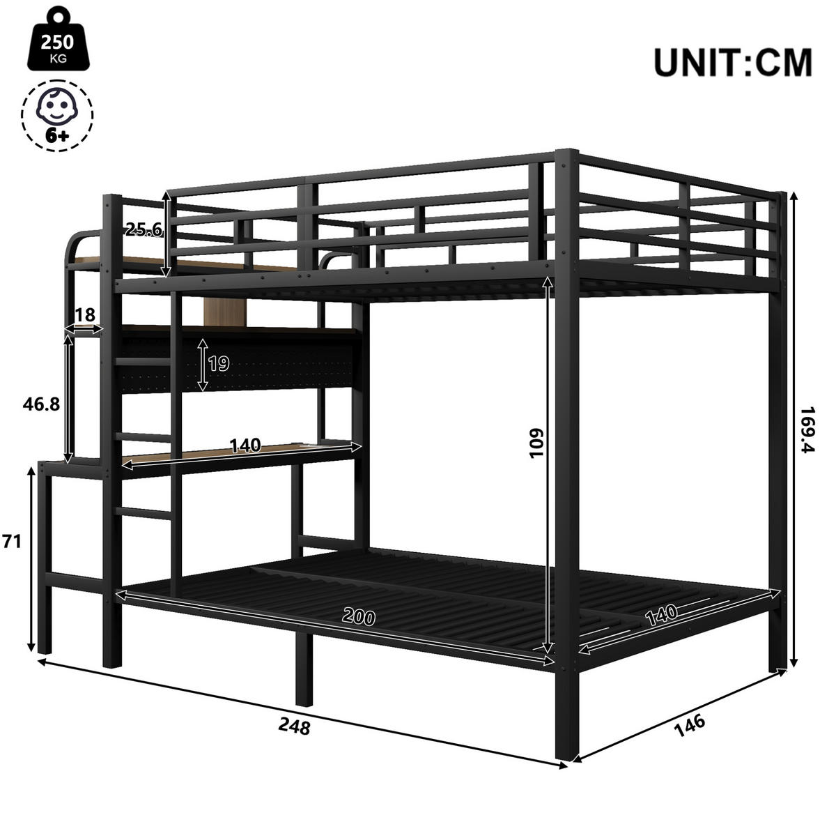 ETAGENBETT 140/200 cm Schwarz mit LED, USB-Anschluss und Schreibtisch - Schwarz, Metall (140/200cm) - MIVRAY