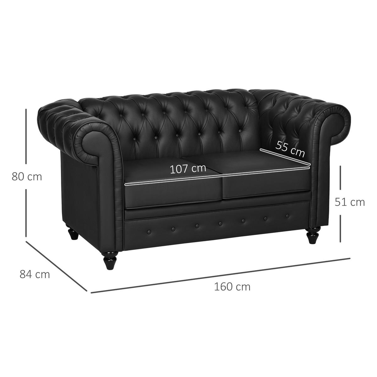 SOFA, 2-Sitzer, Chesterfield, PU-Leder, abnehmbares Kissen, schwarz, 160x84x80cm - Multicolor, Holzwerkstoff (160/80/84cm) - FORIOUS