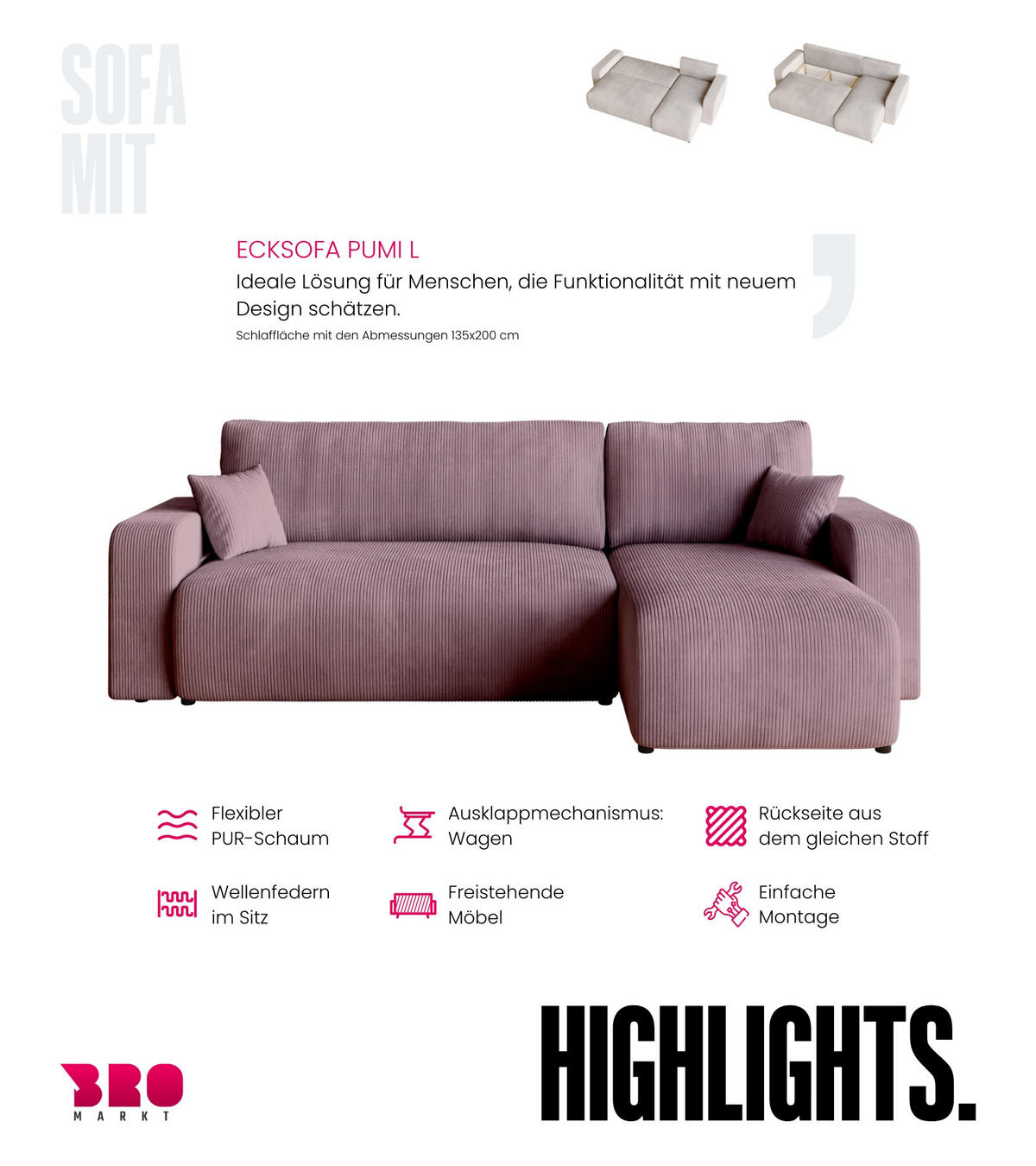 ECKSOFA PUMI mit Schlaffunktion Puderrosa Cord - Rosa, Textil (244/148cm) - Bromarkt