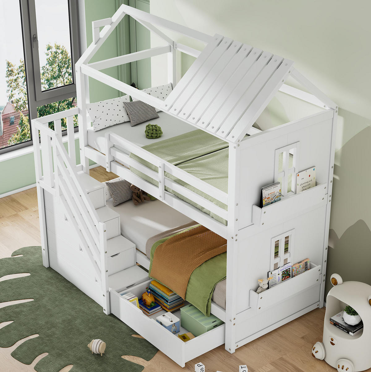 ETAGENBETT aus Kiefer und MDF 90x200 cm Weiß mit Stauraumtreppe, Schubladen und Regalen - Weiß, Holzwerkstoff (90/200cm) - Modfu