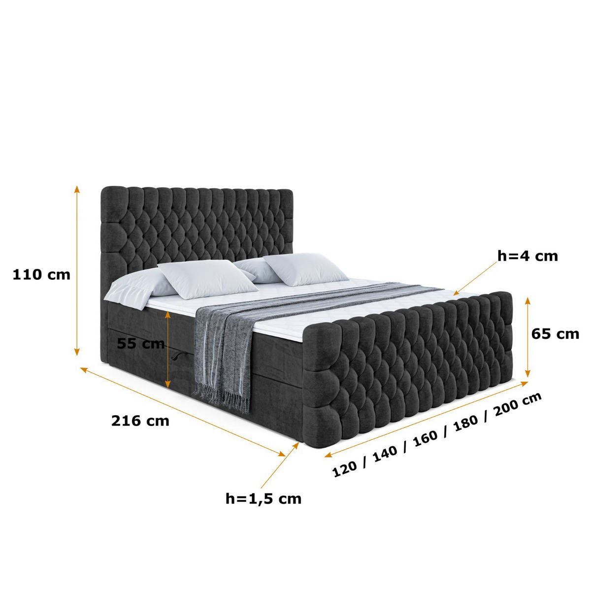 BOXBETT SERENE-Z - 200 x 200 - H4 - Schwarz - Schwarz, Holzwerkstoff (200/200cm) - ALTDECOR