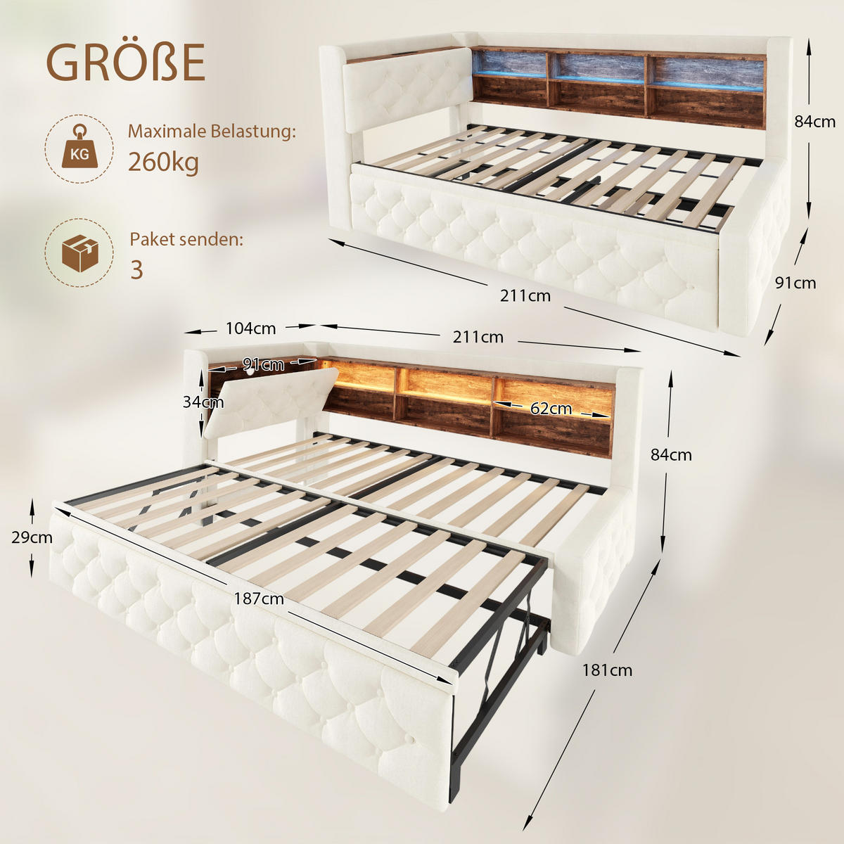 BETT 90/180×190 cm in Beige mit Stauraum, LED-Beleuchtung und USB- und Type-C-Anschlüssen - Beige, Textil (180/190cm) - Flora Grace