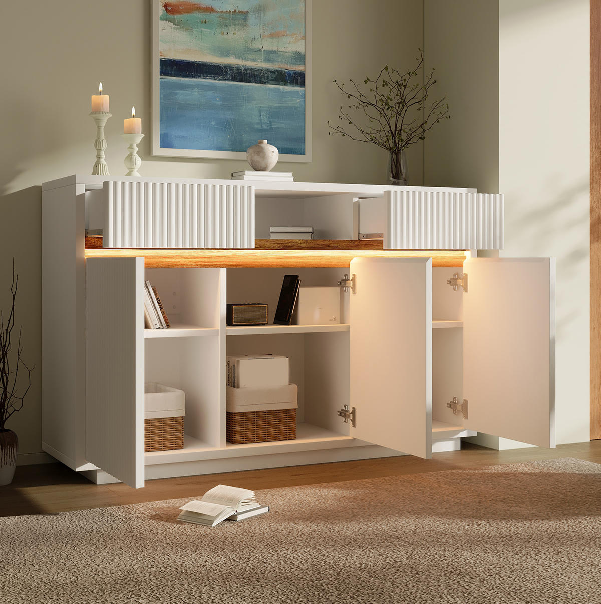 SIDEBOARD 140/85/40 cm Weiß aus Holz mit LED - Weiß, Holzwerkstoff (40/85/140cm) - OKMYHOME