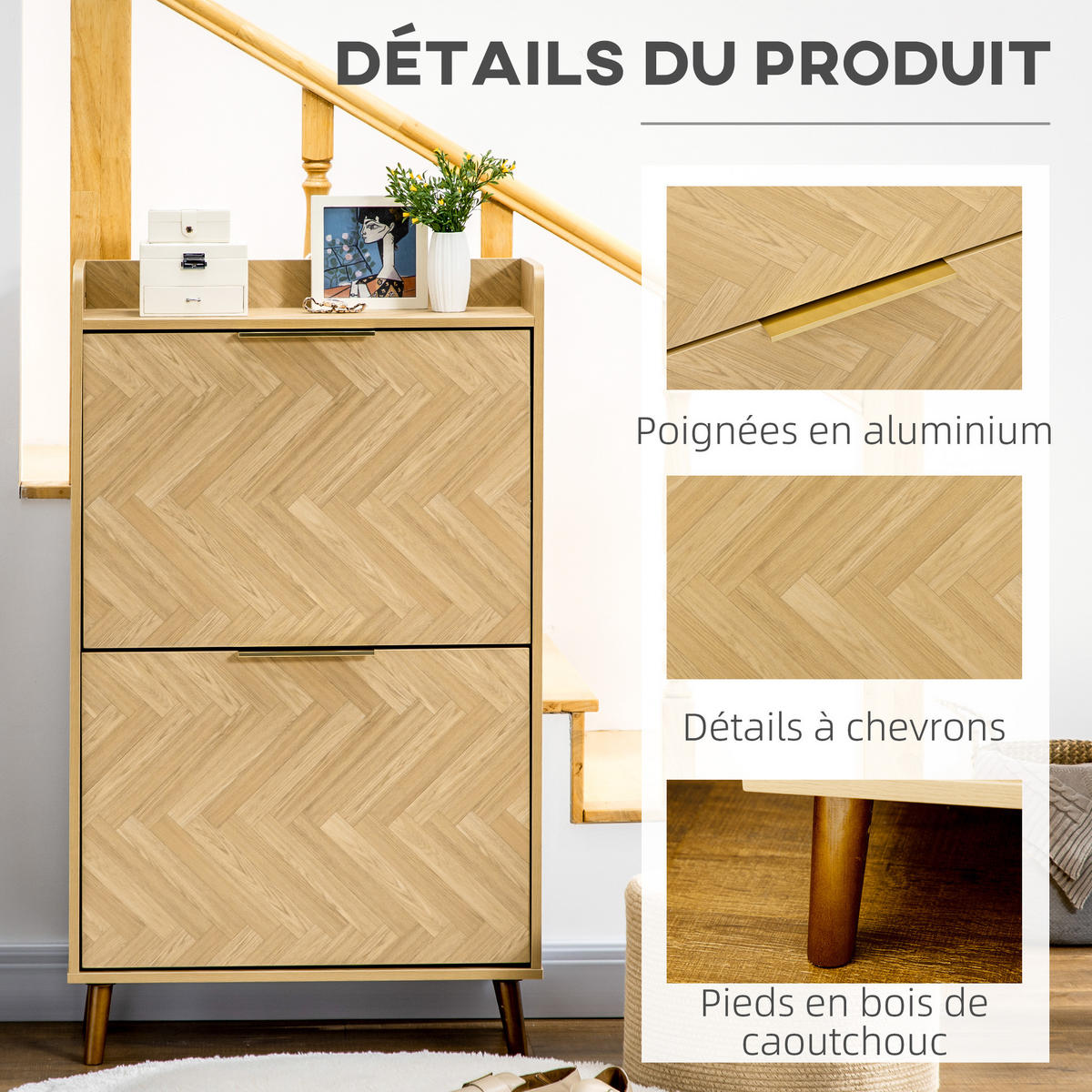 SCHUHSCHRANK DE-14985 Vintage mit Fischgrätmuster Holzoptik - Naturfarben, Holzwerkstoff (70/120/30cm) - ComfortXL