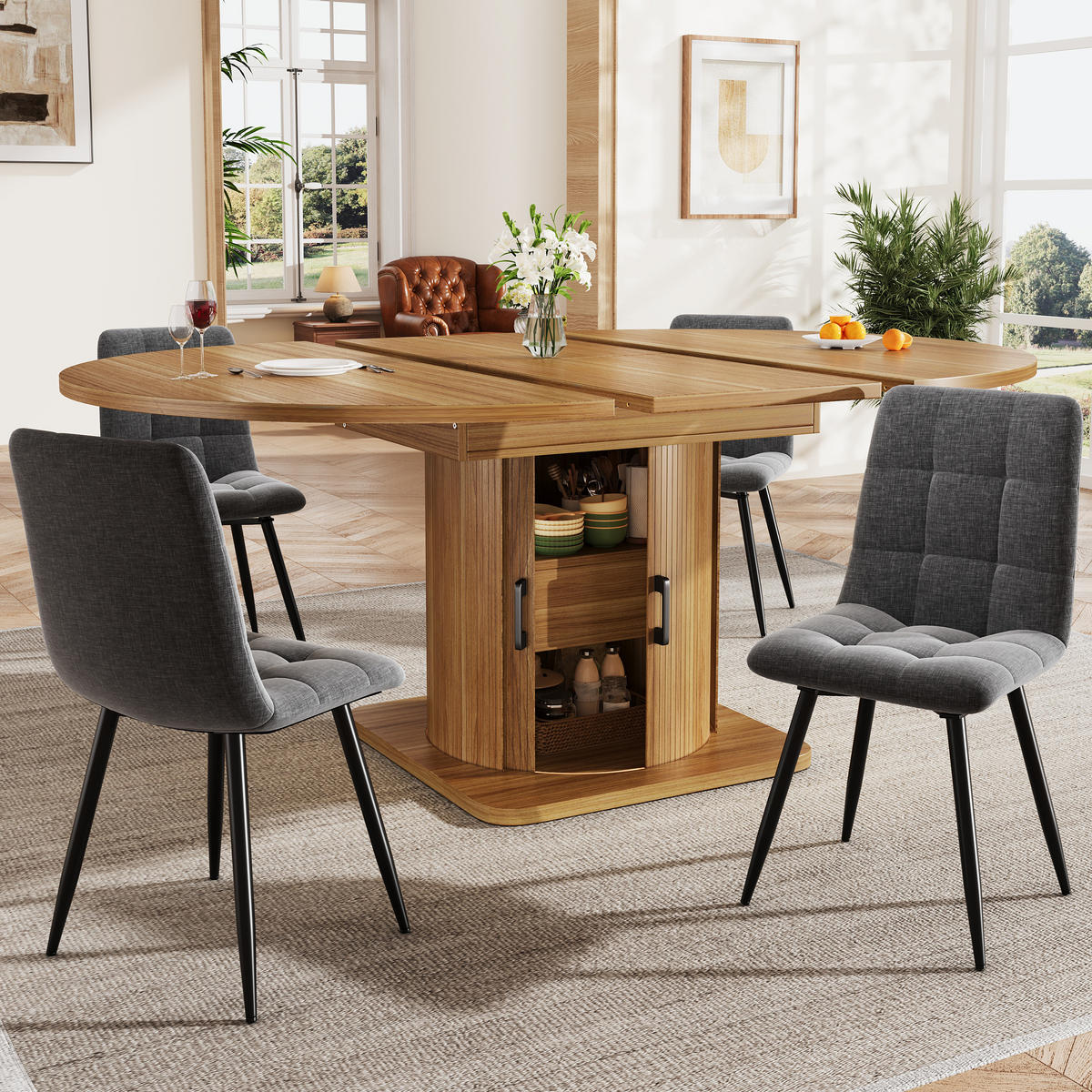 ESSTISCH Ausziehbar 118-158Cm Rund Oval Schubladen Braun - Multicolor, Holzwerkstoff (118/118/76cm) - FLIEKS