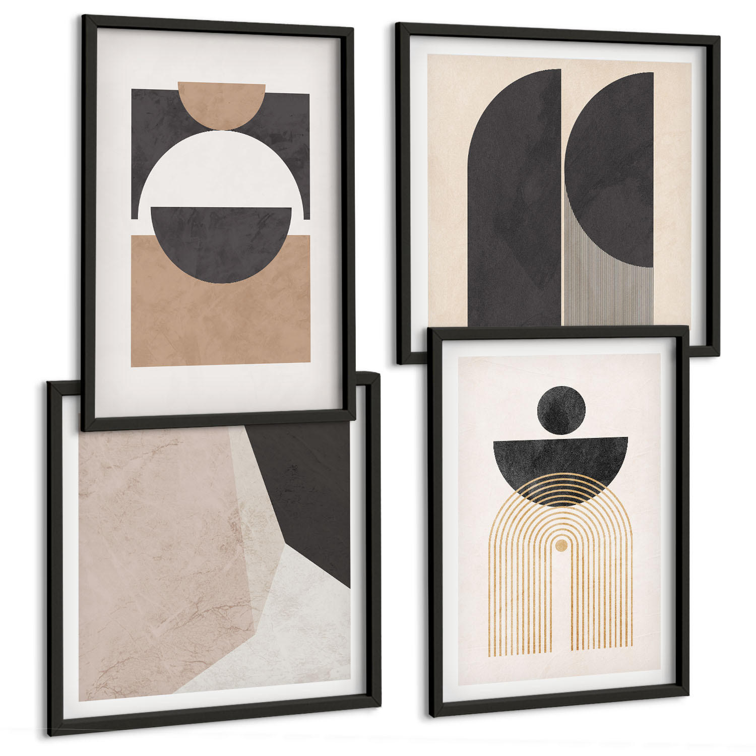 BILDER SET 4er Set - 50x50 cm & 40x60 cm Schwarzer Rahmen - Abstrakte Formen beige braun - Schwarz, Kunststoff (50/50cm) - TULUP