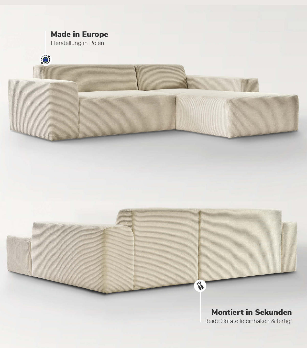 ECKSOFA Die Lässige Recamiere rechts - Beige, Textil (253/188cm) - Mokebo