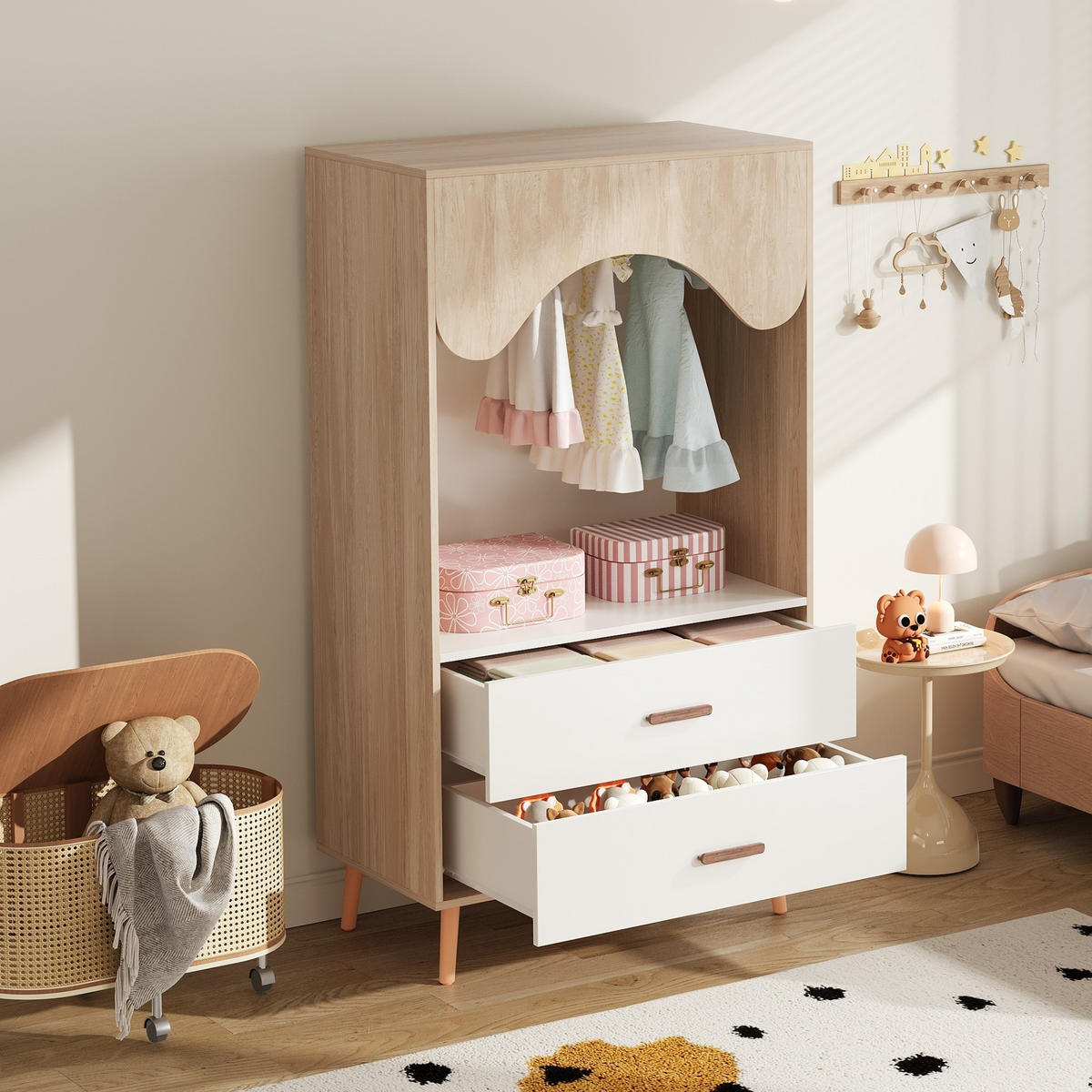 KINDERREGAL in Weiß und Naturfarben Kleiderschrank mit Kleiderstange und Schubladen für Kinderzimmer, B80/T46/H141.5cm - Naturfarben/Weiß, Holz/Holzwerkstoff (80/141.5/46cm) - STILVORA