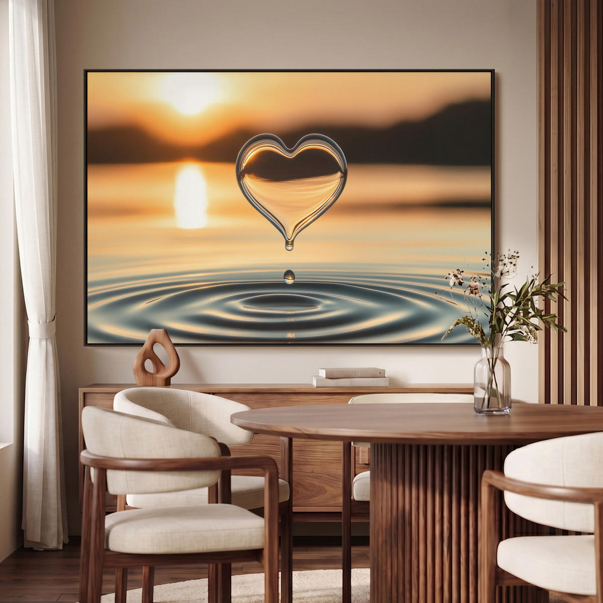 LEINWAND Bilder mit Rahmen - Herz - Wasser - Sonnenuntergang - Natur - Zen - 150x100 - Bernsteinfarben, Textil (150/100cm) - MuchoWow