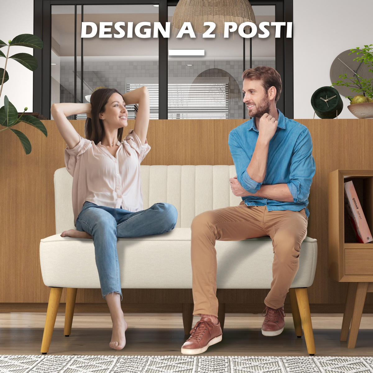 SOFA, 2-Sitzer, Leinenoptik, ohne Armlehnen, Holzbeine, cremeweiß, 117x56,5x77cm - Multicolor, Holzwerkstoff (117/77/56.5cm) - FORIOUS