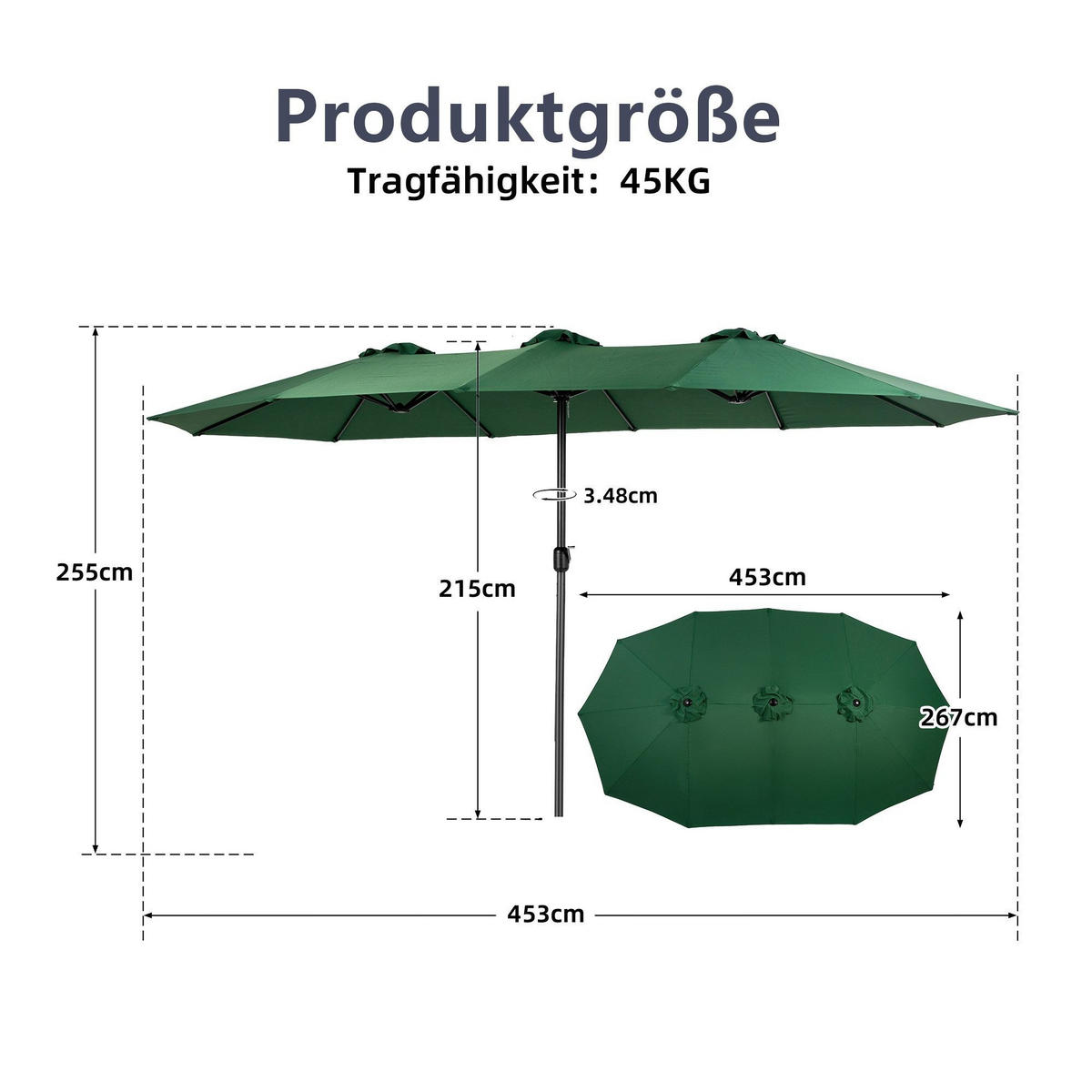 SONNENSCHIRM 453x267cm,Aluminium,Sonnenschutz,Dunkelgrün - Dunkelgrün, Metall (453/267cm) - LVHOM