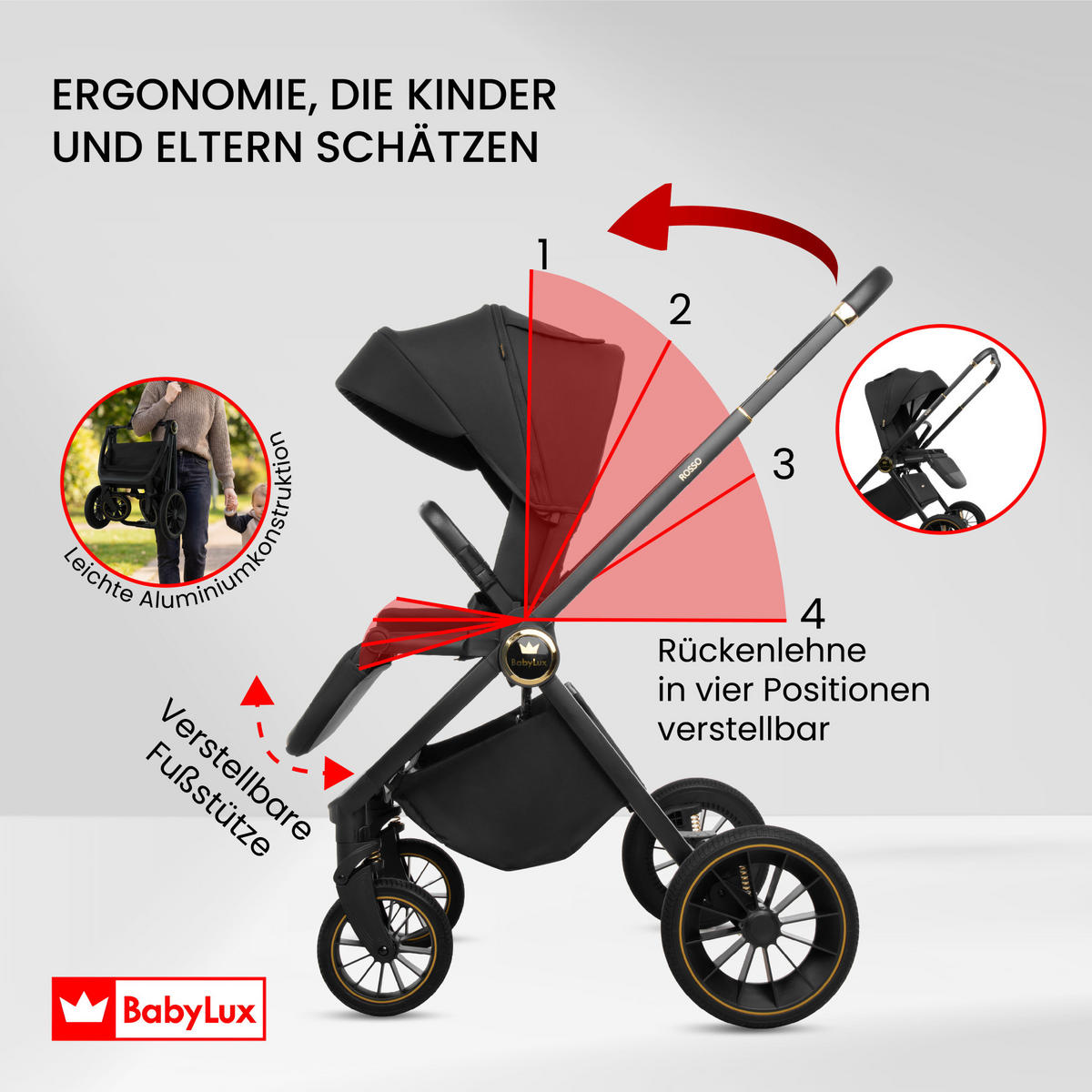 KINDERWAGEN Rosso 3in1 Schwarz Babywanne, Buggy Sportsitz, Babyschale I-Size - Schwarz, Textil/Metall (58/99cm) - BabyLux