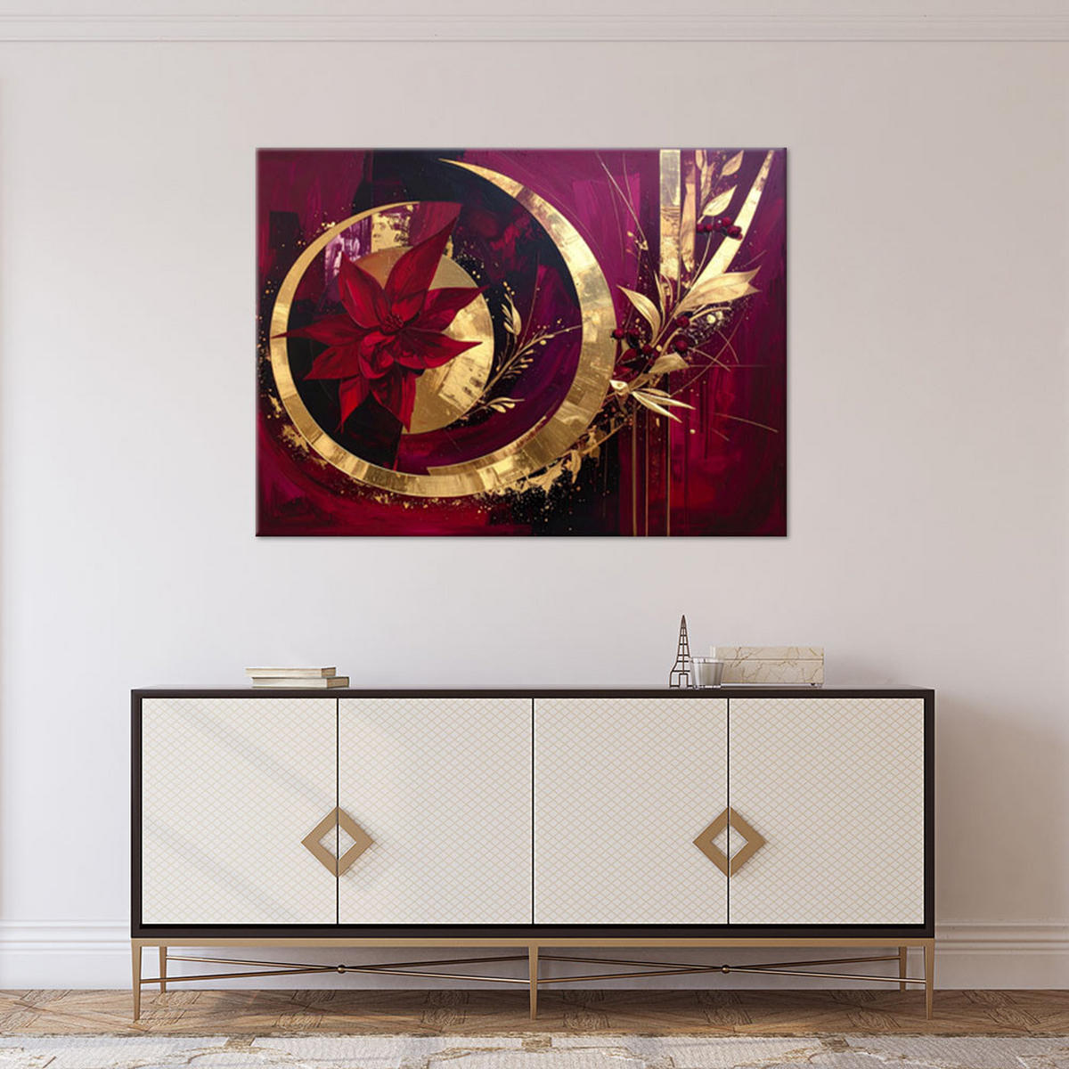 WANDBILD, Abstraktes Muster in Burgunderrot und Gold mit einer Blume - Rot, Textil (90/60cm) - Feeby