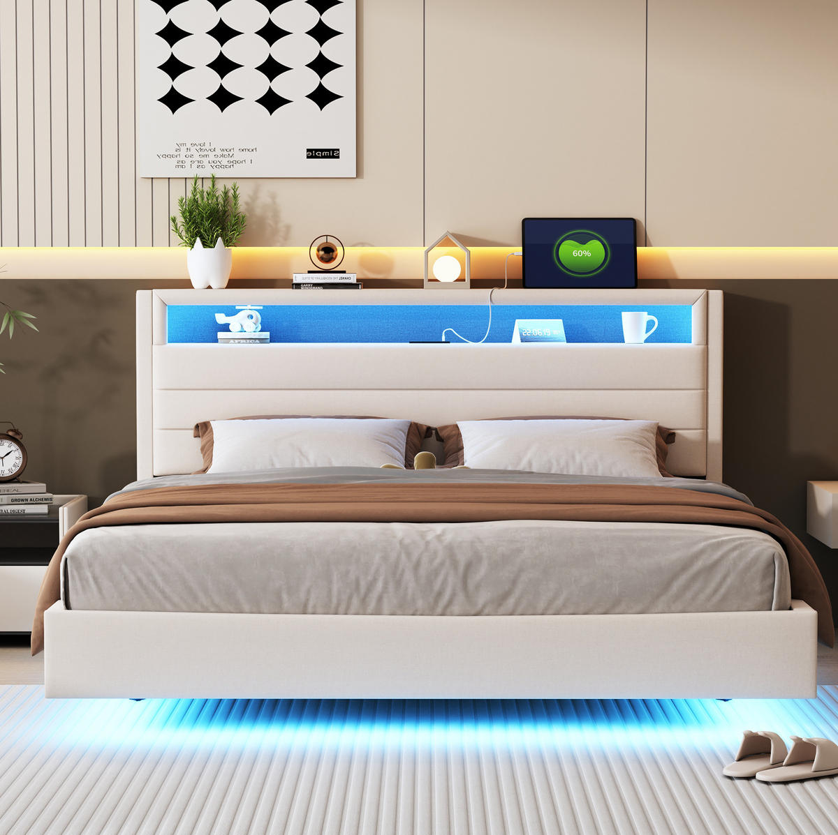 ČALÚNENÁ posteľ 160/200 cm s USB portom, LED osvetlením a sklopným čelom, skrytými nohami a úložným priestorom, Béžová - béžová, textil (160/200cm) - Redom