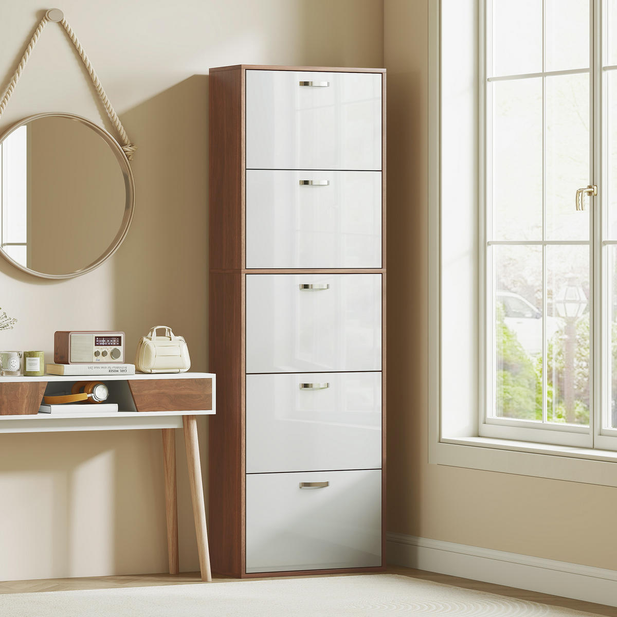 SCHUHSCHRANK Weiß Dunkelbraun MDF klappbar mit 5 Fächern 1 Stück - Braun, Holz (60/189/28cm) - PANGIVO