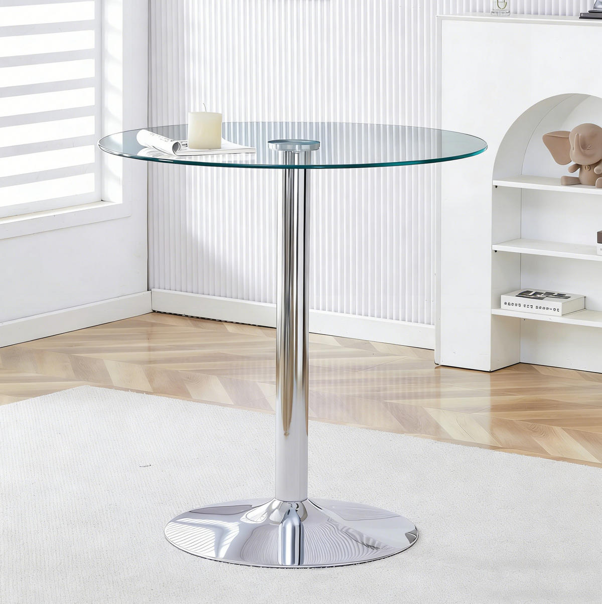 RUNDER Bartisch 89/89/92 cm mit Glasplatte und silberfarbenem Metallgestell - Silberfarben, Glas (89/89/92cm) - BEAOK