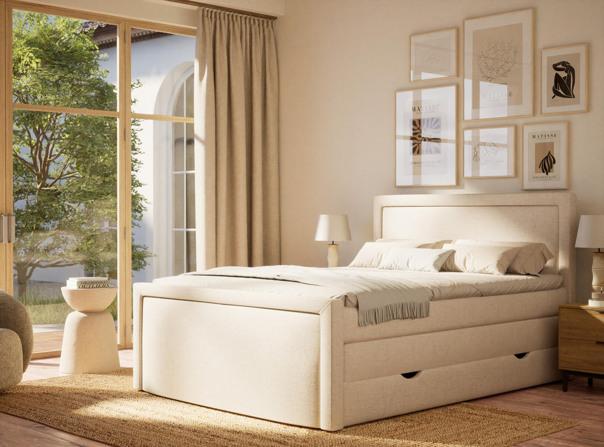 BOXSPRINGBETT Fresco 160/200 cm, in Beige, Bettkasten, Matratze, Topper - Beige/Schwarz, Holz/Holzwerkstoff (160/200cm) - Maison de Reve