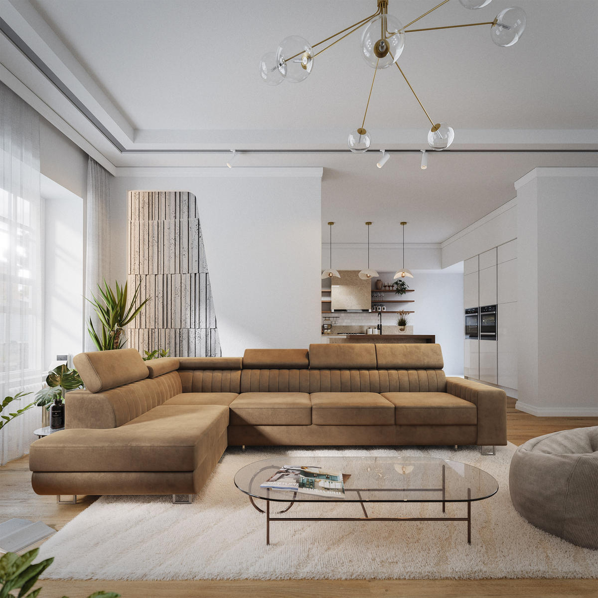 ECKSOFA HESTION Beige Velours-Stoff mit Schlaffunktion - Beige, Holz (332/190cm) - MASSENO