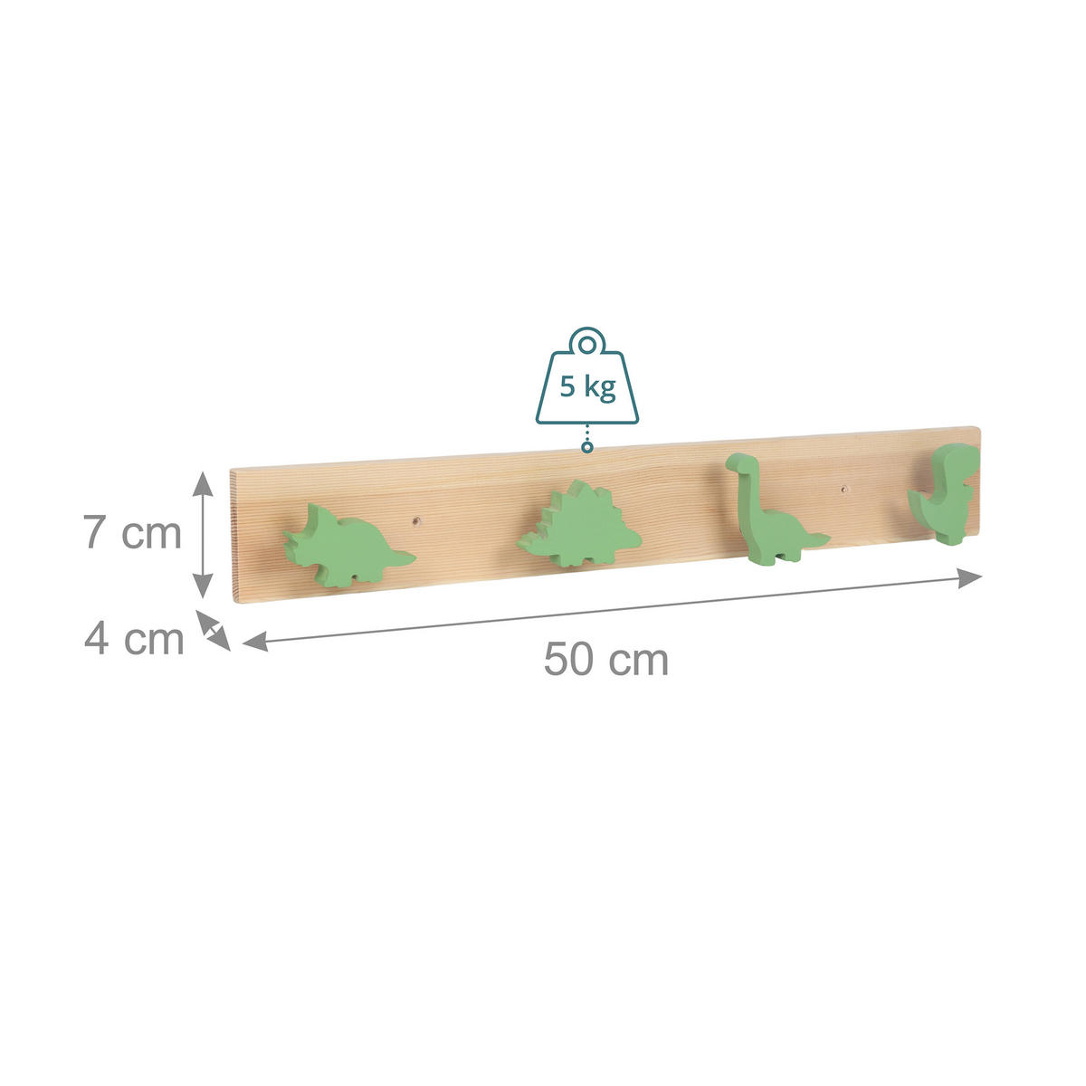 VEŠIAK prírodná zelená 4-háčiky dinosaurus 50 cm - svetlohnedá, drevo/kompozitné drevo (50/7/4cm) - Relaxdays