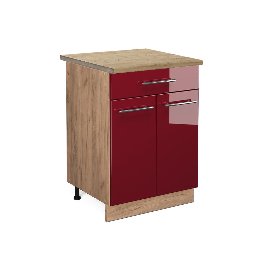 KÜCHENUNTERSCHRANK Fame-Line Bordeaux Hochglanz 60 cm mit Schublade AP Eiche - Bordeaux/Eiche Wotan, Holzwerkstoff (60/82/60cm) - Vicco
