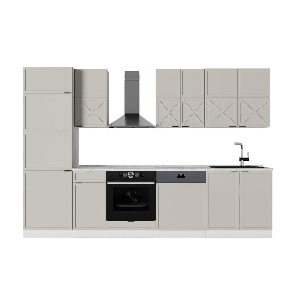 KÜCHENZEILE Fame-Line GrauBeige/Weiß 300 cm ohne Arbeitsplatte - Greige/Weiß, Holzwerkstoff (300/206.8/51.6cm) - Vicco