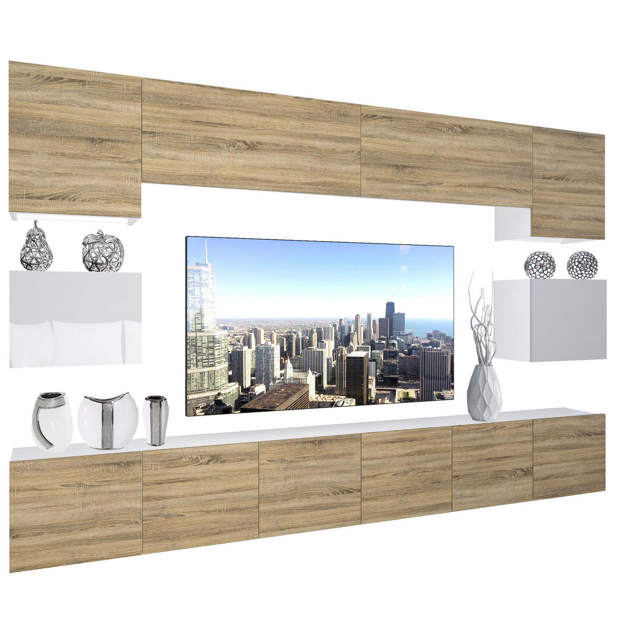 WOHNZIMMERWAND Schrankwand mit LED Sonoma Eiche / Weiß - Eiche Wotan/Weiß, Holz (300/180/36cm) - B BELINI GROUP