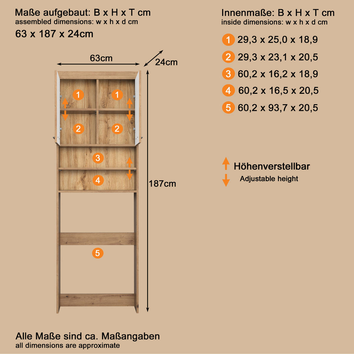 WASCHMASCHINENSCHRANK Asteiche 63 x 187 cm, Waschmaschinenüberbau mit Stauraum - Eichefarben, Holzwerkstoff/Kunststoff (63/187/24cm) - Top.Furn