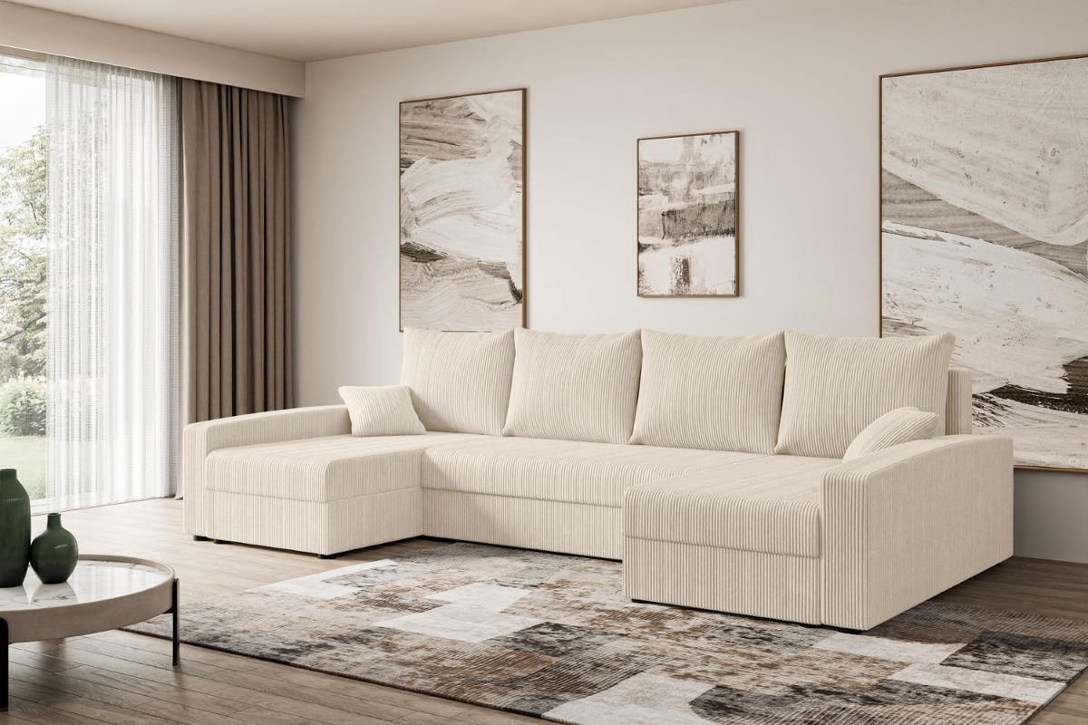 WOHNLANDSCHAFT mit Schlaffunktion und Bettkasten ALESIA-U 301x140x90 cm Beige Cord - Beige/Silberfarben, Holzwerkstoff/Kunststoff (301/90/140cm) - ALTDECOR