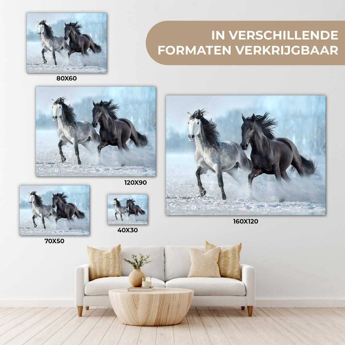 LEINWANDBILD Pferde - Winter - Tiere - Natur - Schnee Wandbild 40x30 cm - Anthrazit, Textil (40/30cm) - MuchoWow