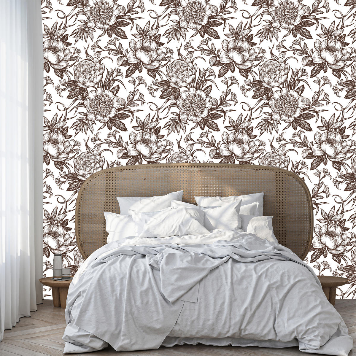 VLIESTAPETE Vintage-Pfingstrosen – Braun, Weiß – 50x1000 cm - Braun/Weiß, Papier (50/1000cm) - Muralo