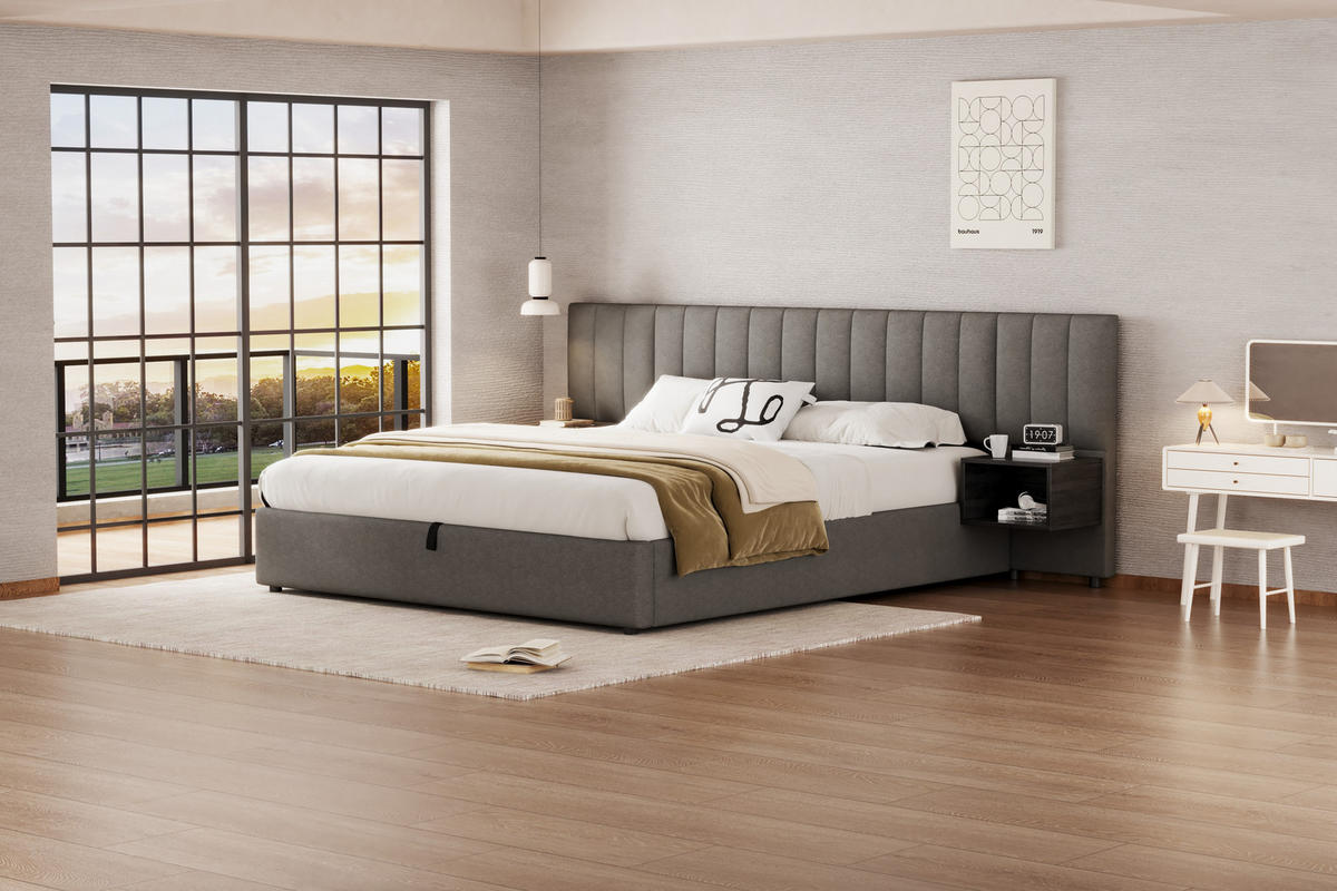 POLSTERBETT 180/200 cm in Grau & Schwarz mit Bettkasten, 2 Nachttischen und Leinen - Schwarz/Grau, Holzwerkstoff/Textil (180/200cm) - CHICFURN
