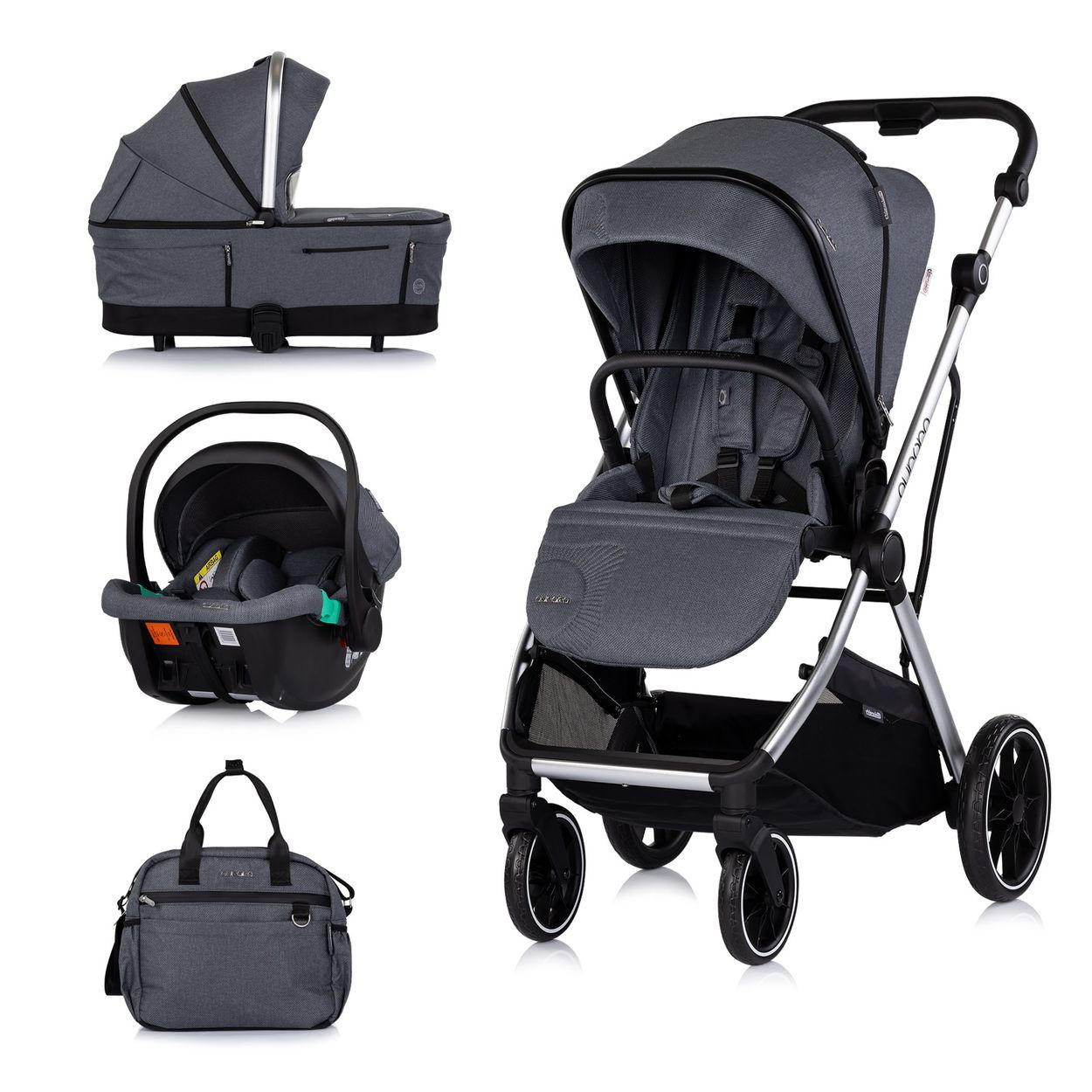 KOMBIKINDERWAGEN Aurora 3 in 1 dunkelgrau Babyschale Babywanne Sportsitz Tasche - Schwarz, Metall (84/57/112cm) - Chipolino