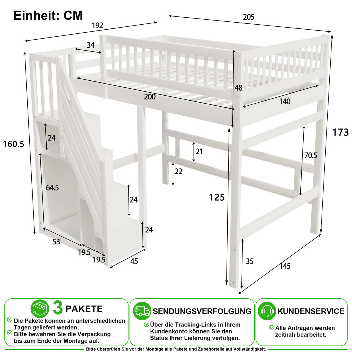 HOCHBETT 140/200 cm in Weiß mit Stauraumtreppe und hohem Geländer aus Massivholz - Weiß, Holz/Holzwerkstoff (140/200cm) - CHICFURN
