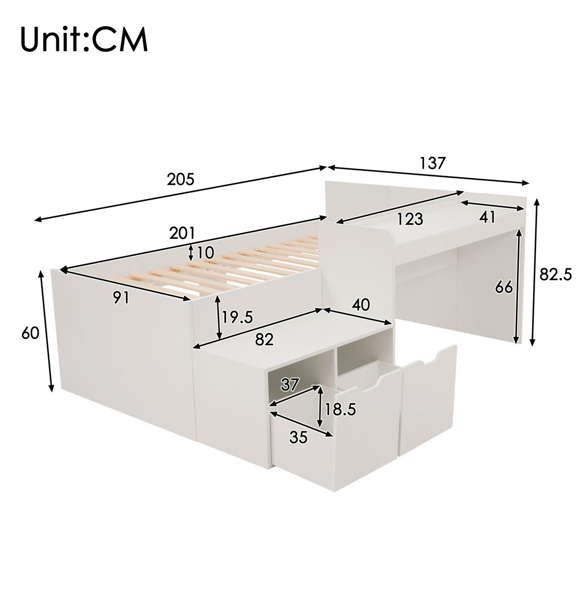 KINDERBETT 90/200 cm mit Schreibtisch und 2 Schubladen aus Massivholz und MDF, platzsparend, Weiß - Weiß, Holzwerkstoff - Redom
