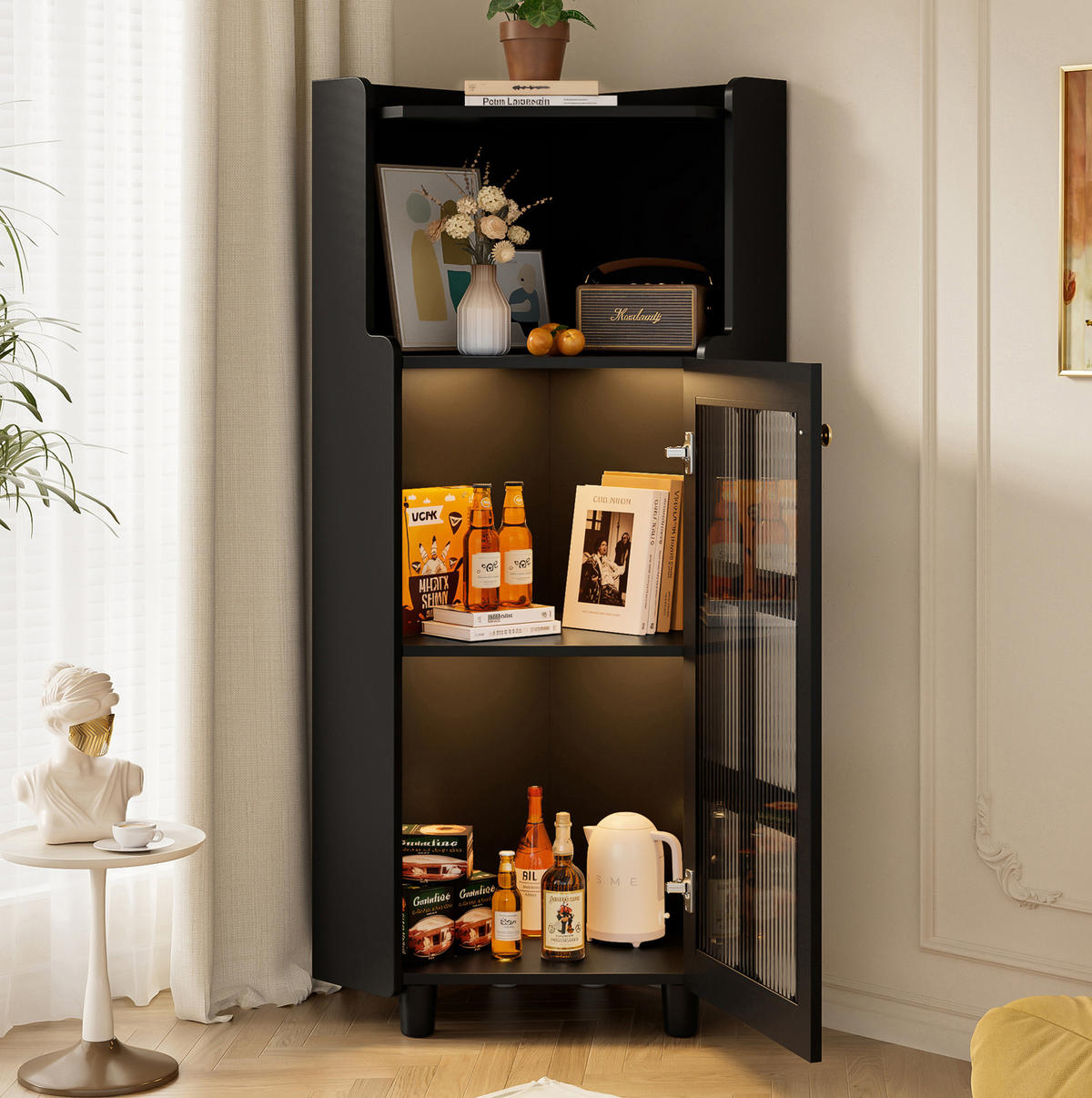 LED-ECKSCHRANK 63.5x16.5x124 cm Schwarz aus Spritzglas mit App-LED & 2-in-1 Stauraum - Schwarz, Holzwerkstoff (63.5/124/16.5cm) - Modfu