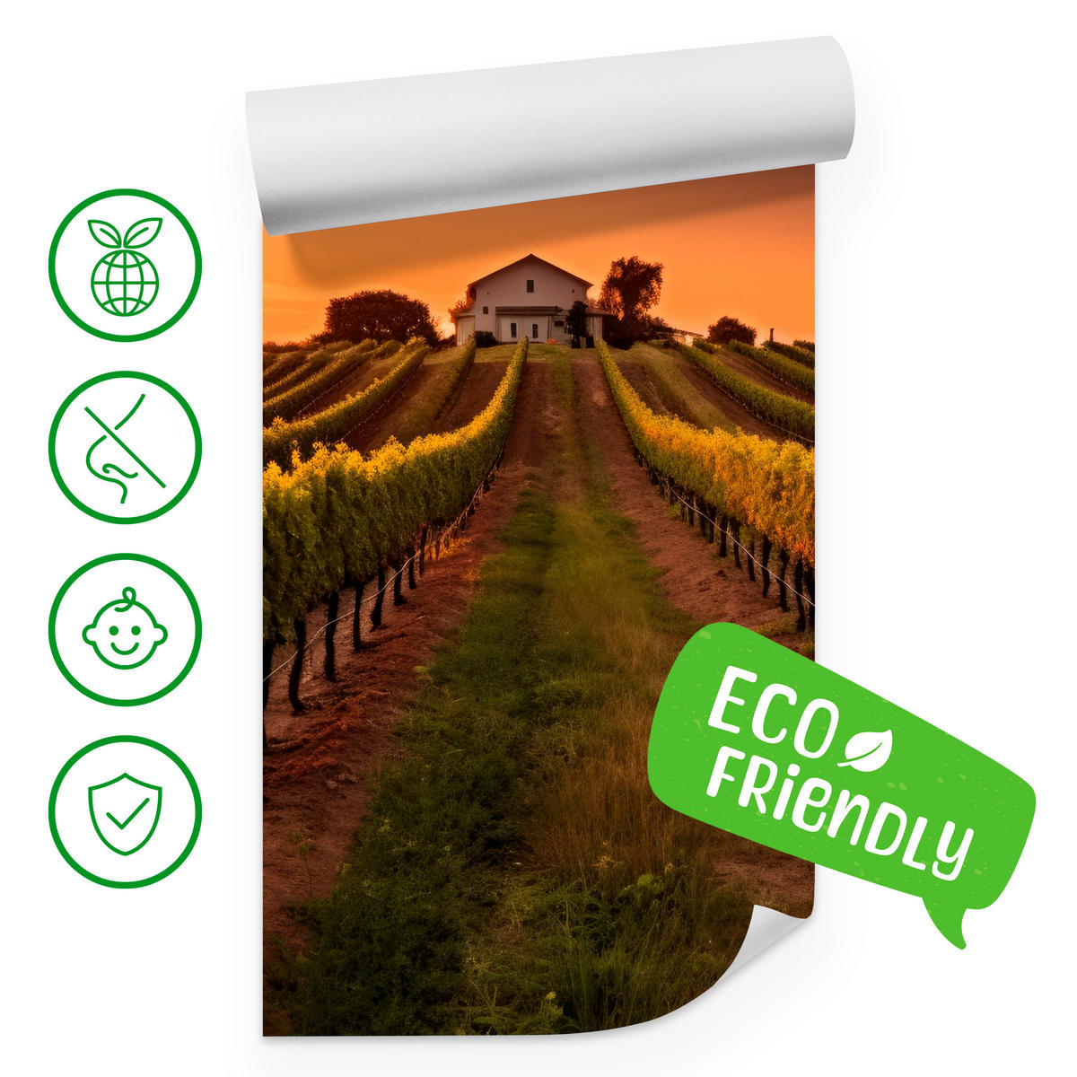 FOTOTAPETE für Esszimmer Weinberg Sonnenuntergang Obstgarten 450x315 - Gelb/Beige, Papier (450/315cm) - Muralo