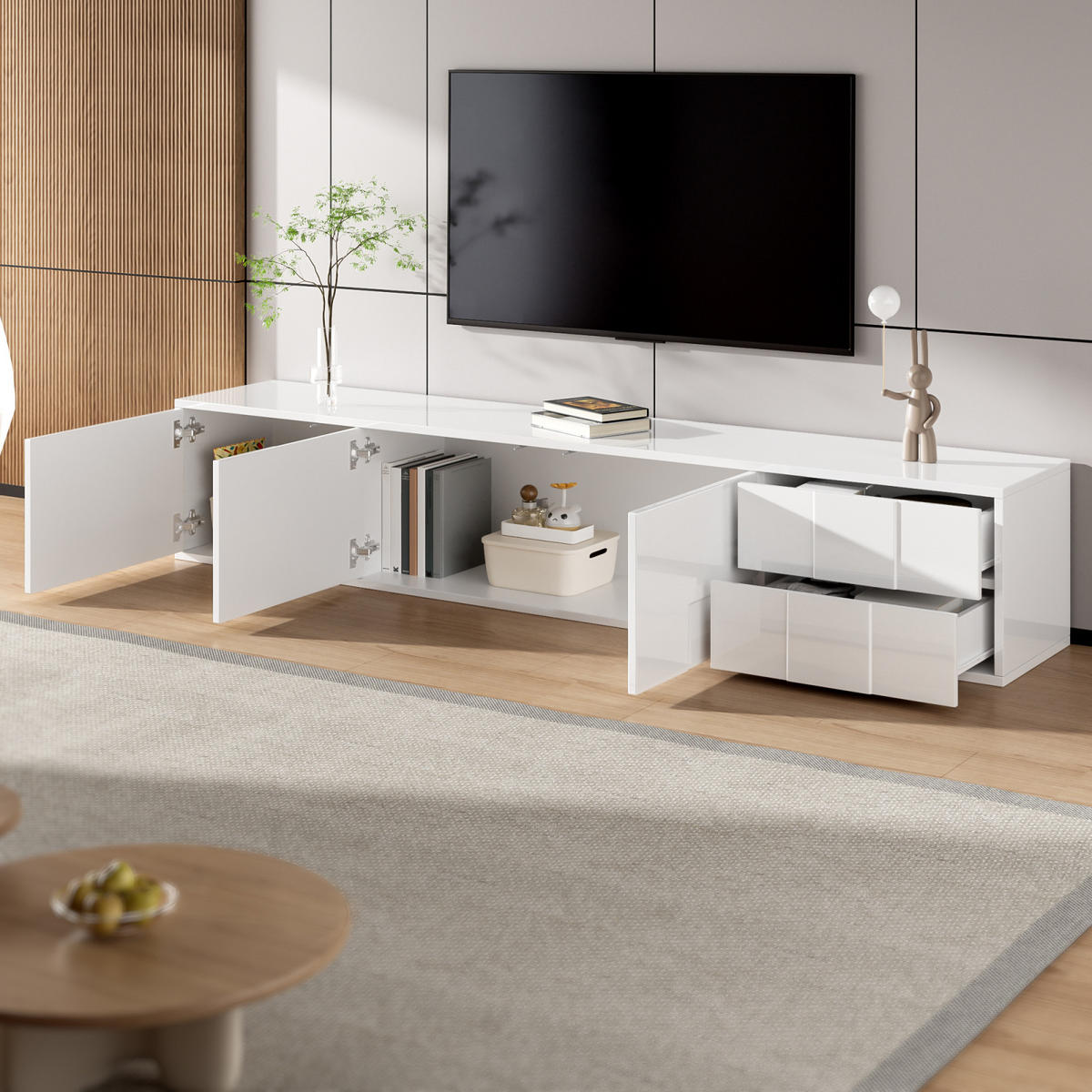 TV Lowboard 170 cm, 3 Türen, 2 Schubladen, Weiß - Weiß, Holz (170/30/30cm)